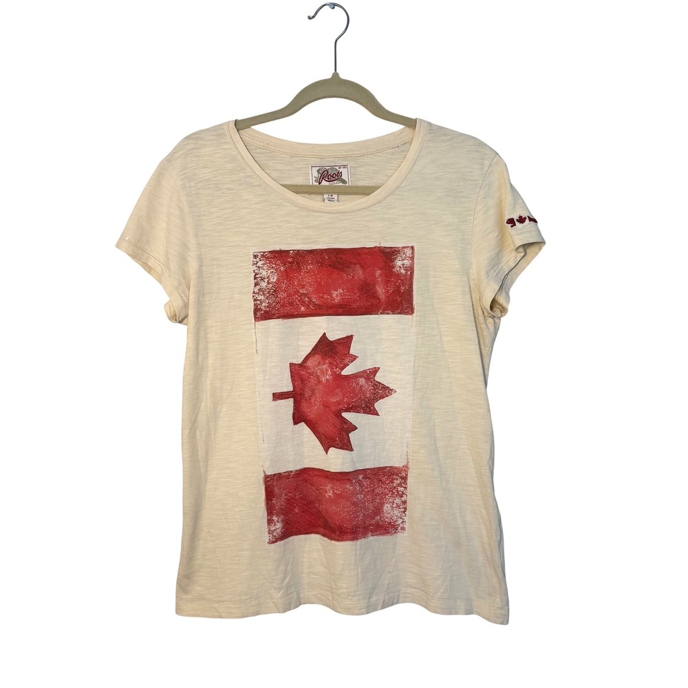 VTG Roots Canada Flag 90s Graphic T Shirt Short Sleeve Logo 100% Cotton SZ L